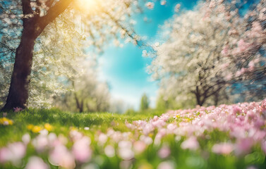 Obraz premium An Image Of A Flowery Field With Trees Background, Beautiful blurred spring background nature with blooming glade, AI generated Blossoming pink cherry trees in vibrant spring meadow Pro Photo 