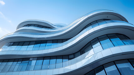 A tall building with a lot of windows and a blue sky in the background