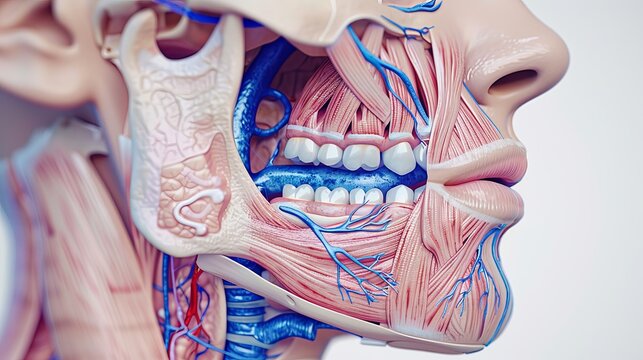 Anatomical illustration of the human pharynx. side view of part of the face showing the mandibular arches, chin, jaw line and esophagus. shown with blue veins on top
