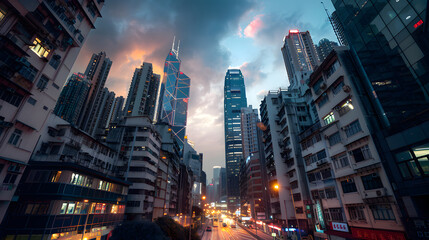 Fototapeta premium A city skyline with a cloudy sky and a tall building in the background