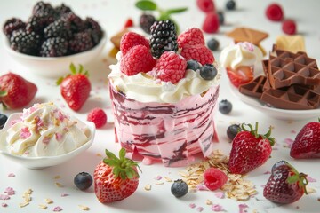 Assorted berries and desserts in an elegant presentation, featuring vibrant colors and a variety of sweet treats, perfect for gourmet cuisine and celebrations