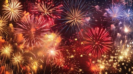 Fototapeta premium The image shows a night sky filled with colorful fireworks. The bright lights and vibrant colors create a sense of excitement and celebration.