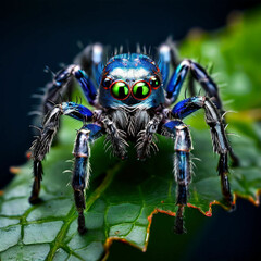 Kleine Spinne auf einem Blatt mit kleinen Härchen am Körper - Spinne in einem leuchtenden Blau mit grünen Augen