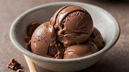 A close up of a cup of chocolate ice cream with a silver spoon in it.

