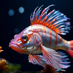 Stacheliger Fisch sucht nach Nahrung - Fisch in schönen Farben und langen Flossen, Fisch sieht etwas in der Nähe 