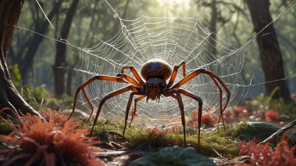 Within the Empire of Arachnids, colossal spiders weave webs of silk that stretch across entire landscapes, ensnaring prey with deadly precision, Generative AI
