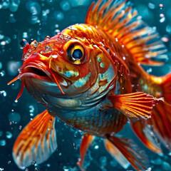 Fisch auf der suche nach Nahrung - Schön Orange-Farben leuchtender Fisch, Fisch treibt durch das Wasser er hat eine kaputte Flosse.