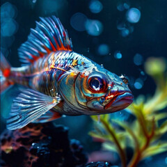 Leuchtender Fisch mit Wasserpflanzen im Hintergrund - Fisch in wunderschöner Farbe er leuchtet förmlich.