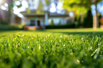 Close up of green grass garden with new modern property house for sale in the blurry background, real estate background.