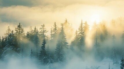Pine trees under sunny winter sky on a foggy day