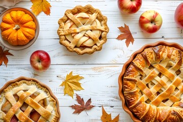 Fall-Themed Apple Pie and Pumpkin Pie on White Wood
