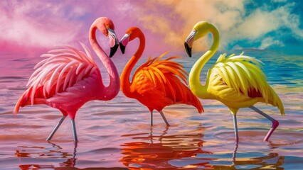 Bright and unique flamingos standing in shallow water. In shimmering pink, orange and yellow neon tones. They are surrounded by water, which reflects the multicolored sky. Promotional photo.
