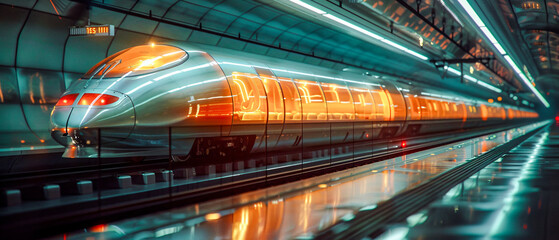 Obraz premium Futuristic High-Speed Train: Sleek and Modern Design in a Vibrant, Neon-Lit Station Showcasing Advanced Transportation Technology and Urban Innovation Wallpaper Digital Art Poster Brainstorming 