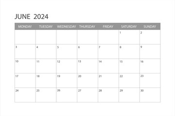 Calendar for June 2024. The week starts on Monday. Glider.