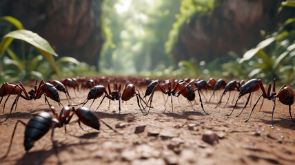 Fototapeta premium Within the Colossal Hive, giant ants march in disciplined ranks, their movements synchronized as they defend their queen and gather resources for the sprawling colony, Generative AI