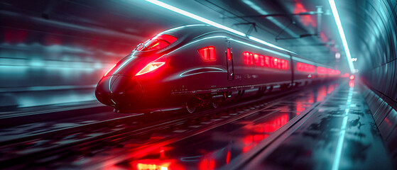 Fototapeta premium Futuristic High-Speed Train: Sleek and Modern Design in a Vibrant, Neon-Lit Station Showcasing Advanced Transportation Technology and Urban Innovation Wallpaper Digital Art Poster Brainstorming 