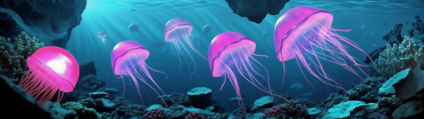 Fototapeta premium In the depths of the sea, a jellyfish is glowing neon