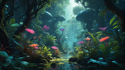 Within the Cosmic Jungle, creatures with bioluminescent patterns navigate through dense foliage, their forms blending seamlessly with the phosphorescent flora of their alien habitat, Generative AI