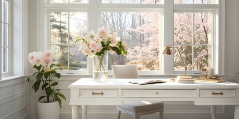 Chic New England home office with white desk gold accents and garden view. Concept Interior Design, Home Office, New England Style, White Desk, Gold Accents, Garden View