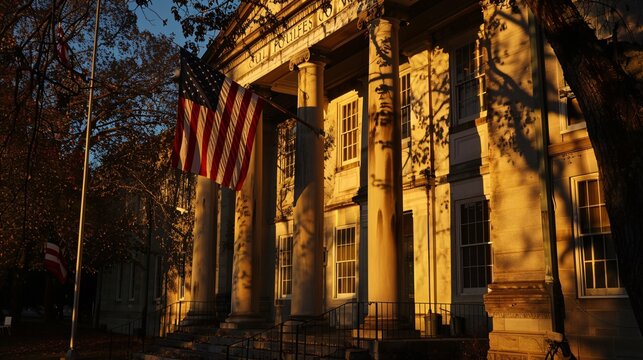 A photo of a weathered American flag at sunset, casting a long shadow on the facade of a historic courthouse. The flag's red stripes appear almost orange in the warm light, while the courthouse