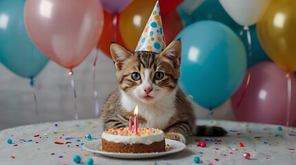 A portrait of a cute cat kitten wearing a birthday hat celebrating his birthday with home party and cake with copy space background
