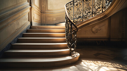 A staircase with a chandelier above it