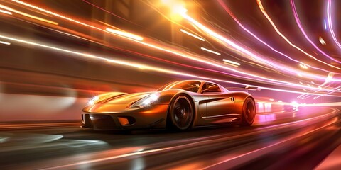 Neonlit highway with fast sports car racing under colorful lights at night. Concept Night Photography, Neon Lights, Sports Car, Highway Racing, Colorful Lights