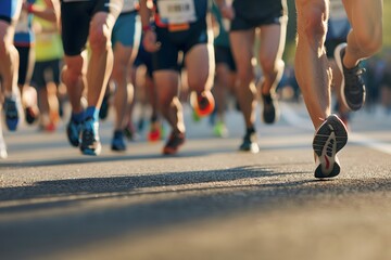 Close-up of Runners Legs in Marathon Race in Sunlight