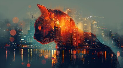 Cat silhouette with cityscape background, digital illustration, vibrant hues, high detail, double exposure, mystical and urban