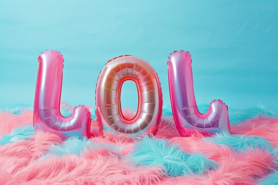 pink phrase "LOL" made of inflatable letters on blue and pink fur background. acronym, Gen Z, social media and slang concept.
