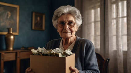 A portrait of an old lady with holding a box full of money in home interior depicting the grandparent's inheritance or succession, concept image, copy space, background, old age pension concept
