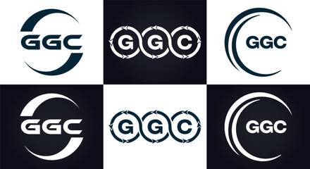 GGC logo. G G C design. White GGC letter. GGC, G G C letter logo design. G G C letter logo design in FIVE, FOUR, THREE, style. letter logo set in one artboard. G G C letter logo vector design.