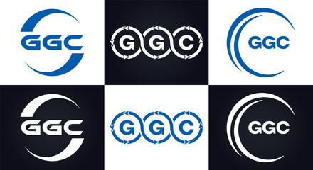 GGC logo. G G C design. White GGC letter. GGC, G G C letter logo design. G G C letter logo design in FIVE, FOUR, THREE, style. letter logo set in one artboard. G G C letter logo vector design.