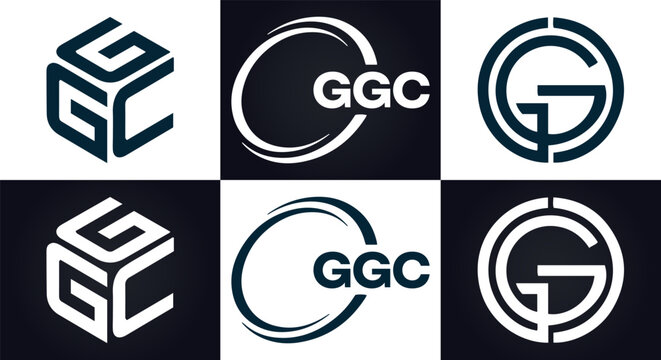 GGC logo. G G C design. White GGC letter. GGC, G G C letter logo design. G G C letter logo design in FIVE, FOUR, THREE, style. letter logo set in one artboard. G G C letter logo vector design.