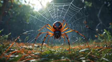 Obraz premium In the Empire of the Colossal Spider Monarch, labyrinthine webs ensnare prey within the vast expanse ruled by the eight-legged sovereign, Generative AI