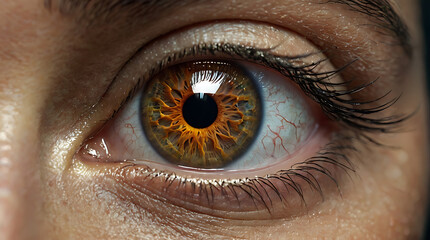 A close-up image of a human eye with high-tech built in cornea, human enhancement, cyborg concept
