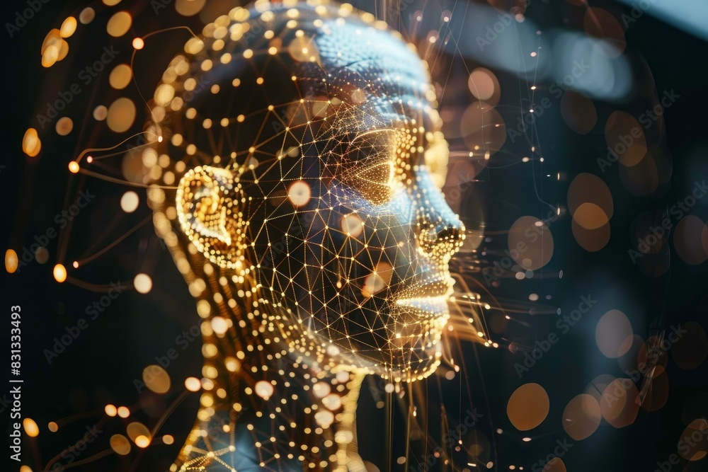 Poster abstract image of a digital human face with interconnected lines and light effects