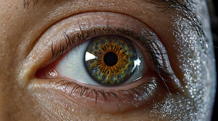 A close-up image of a human eye with high-tech built in cornea, human enhancement, cyborg concept
