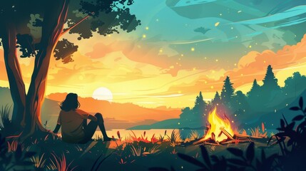 person relaxing after adventurous day outdoor leisure concept digital illustration