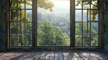 Fototapeta premium Vintage wooden window view overlooking a shining forest from a manor