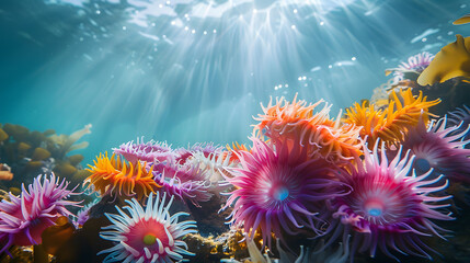 Fototapeta premium A colorful sea of sea anemones with a bright sun shining on them