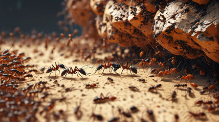 Amidst the Hive of the Ant Queen, diligent workers scurry about, tending to the needs of their bustling colony, Generative AI