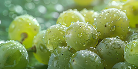 A green grape with the dew on it Fresh grape fruit with water droplets on branch in soft dreamy bright atmosphere Natural fruit.