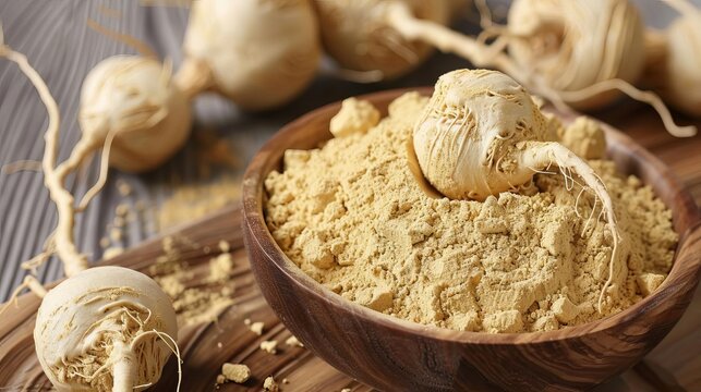 peruvian ginseng maca lepidium meyenii dried root powder superfood supplement ingredient healthy nutrition concept photo