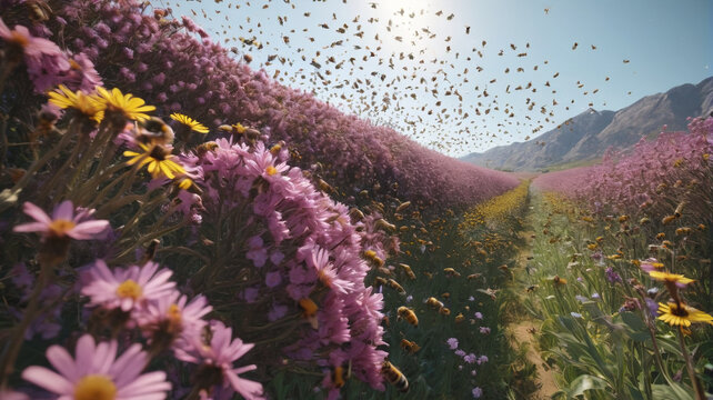 Within the Swarm of the Bee Kingdom, buzzing wings create a symphony as industrious workers gather nectar from colorful blooms, Generative AI