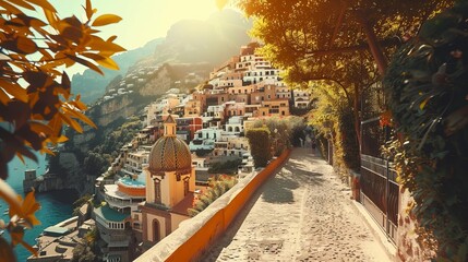 picturesque positano town famous italian coastal resort on sunny summer day retro toned