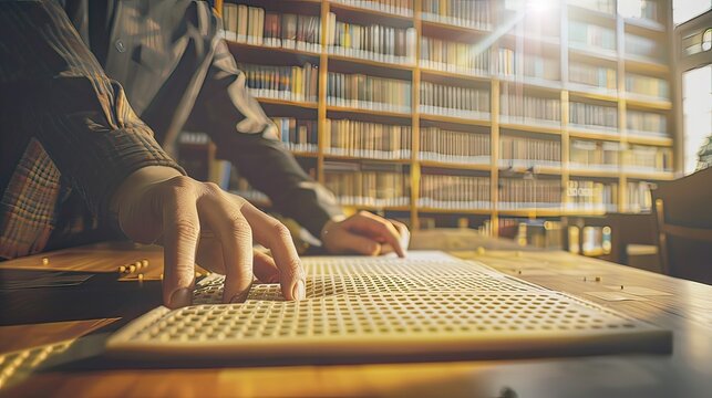 A person with a visual impairment reading a braille book in a modern library, Realism, Soft focus, Warm tones