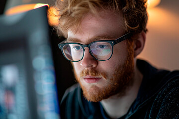 Dimly lit scene with a person meticulously using a computer, reflecting concentration and modern work scenarios