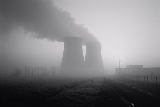 Stark black and white image of industrial cooling towers rising from the mist, symbolizing energy production