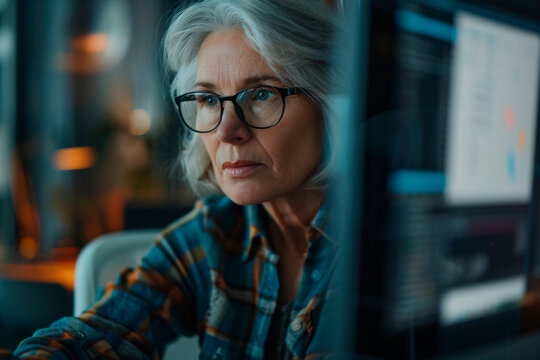 A senior woman with glasses shows a focused and concerned expression working at a computer